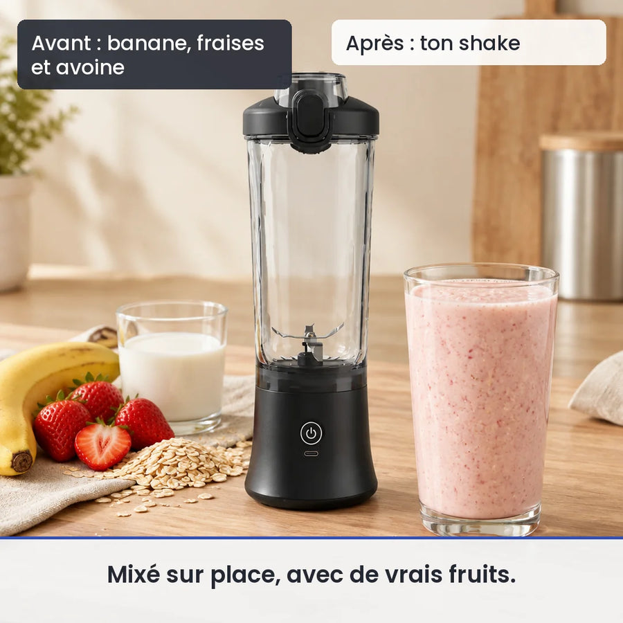 Avant/après avec le blender portable électrique 600ml rechargeable USB : banane, fraises et avoine, puis ton shake