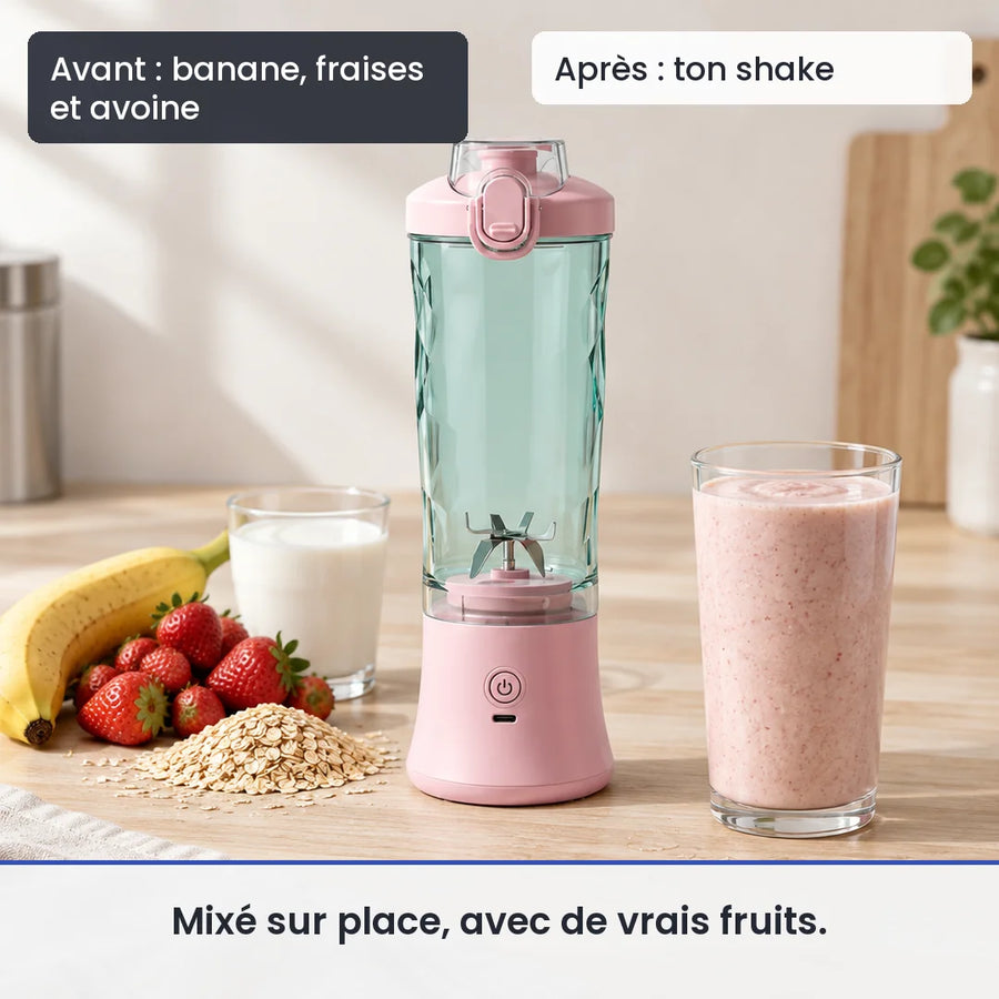 Avant/après avec le blender portable électrique 600ml rechargeable USB : banane, fraises et avoine, puis ton shake