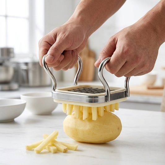 Coupe-frites 5 en 1 inox avec vide-pomme, en cours d'utilisation