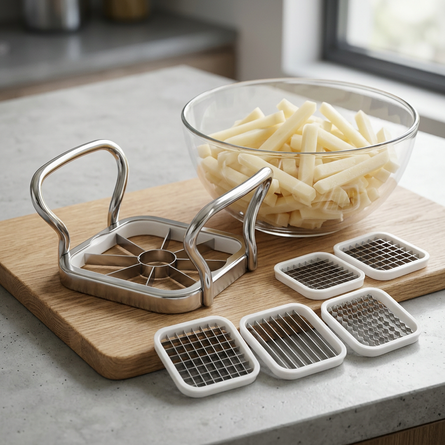 Coupe-frites 5 en 1 inox avec vide-pomme, résultat obtenu