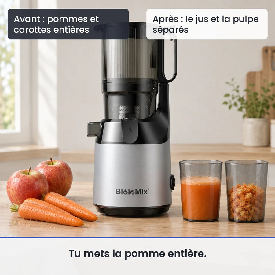 Avant/après avec le extracteur de jus BioloMix chute 130mm : pommes et carottes entières, puis le jus et la pulpe séparés