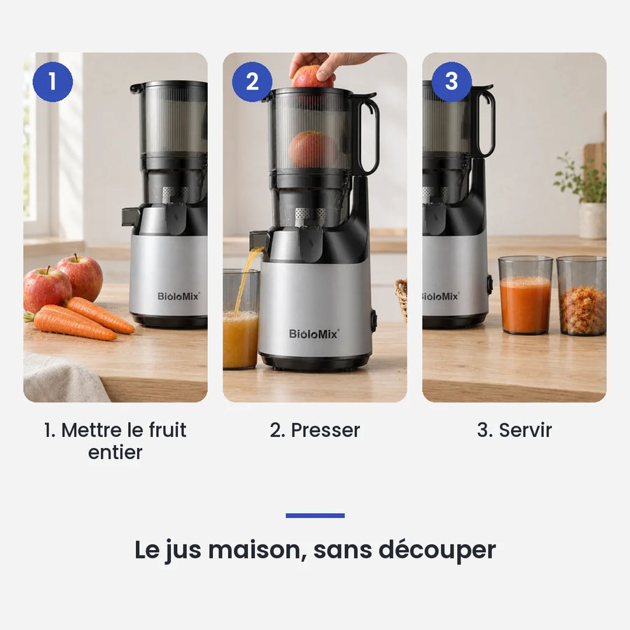 Comment utiliser le extracteur de jus BioloMix chute 130mm en 3 étapes : mettre le fruit entier, presser, servir