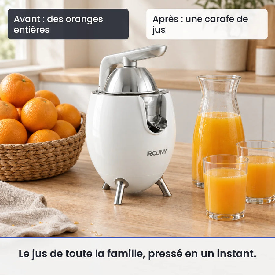 Avant/après avec le extracteur de jus ROUNY 850W inox agrumes : des oranges entières, puis une carafe de jus