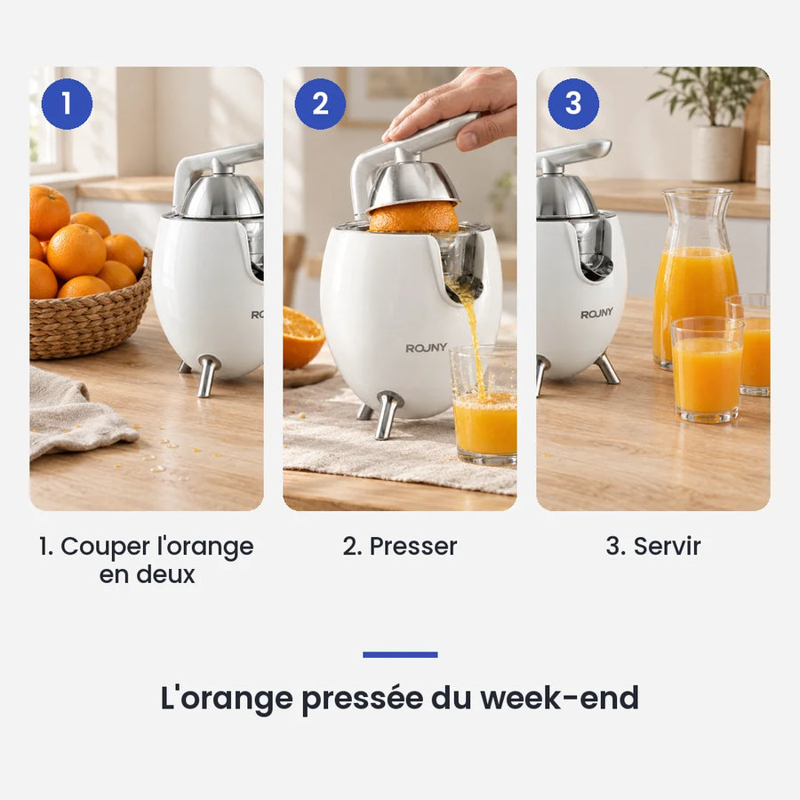 Comment utiliser le extracteur de jus ROUNY 850W inox agrumes en 3 étapes : couper l'orange en deux, presser, servir