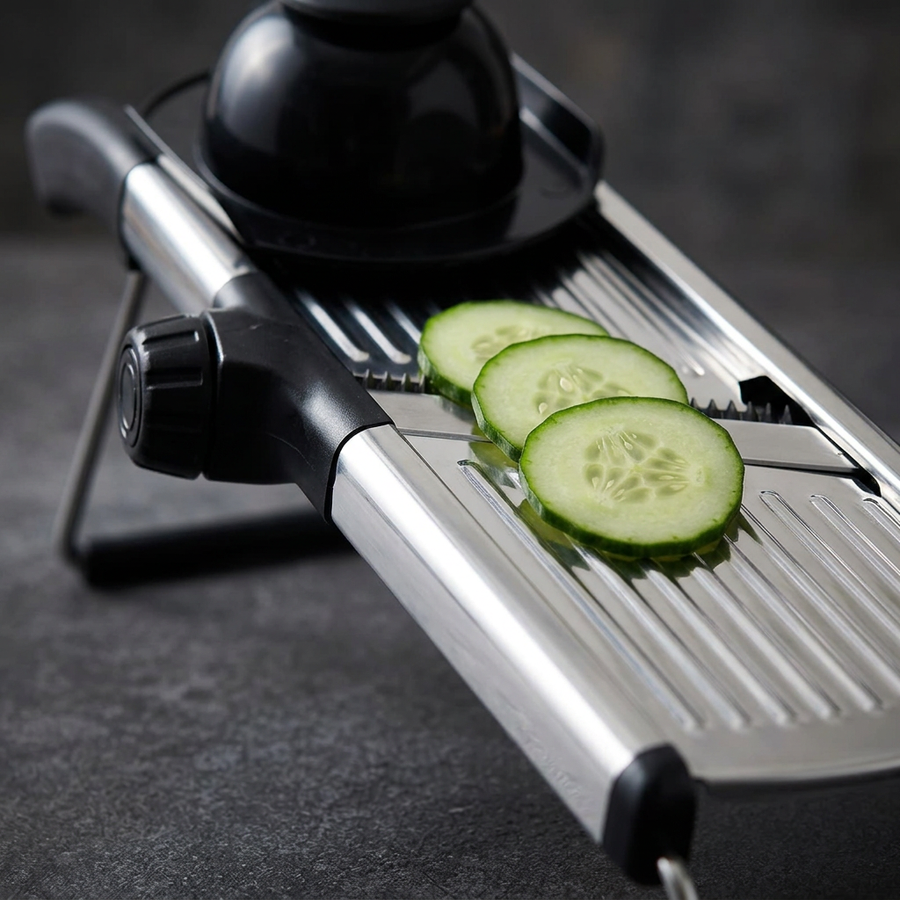 Mandoline professionnelle inox réglable 1 à 9 mm, gros plan sur les détails