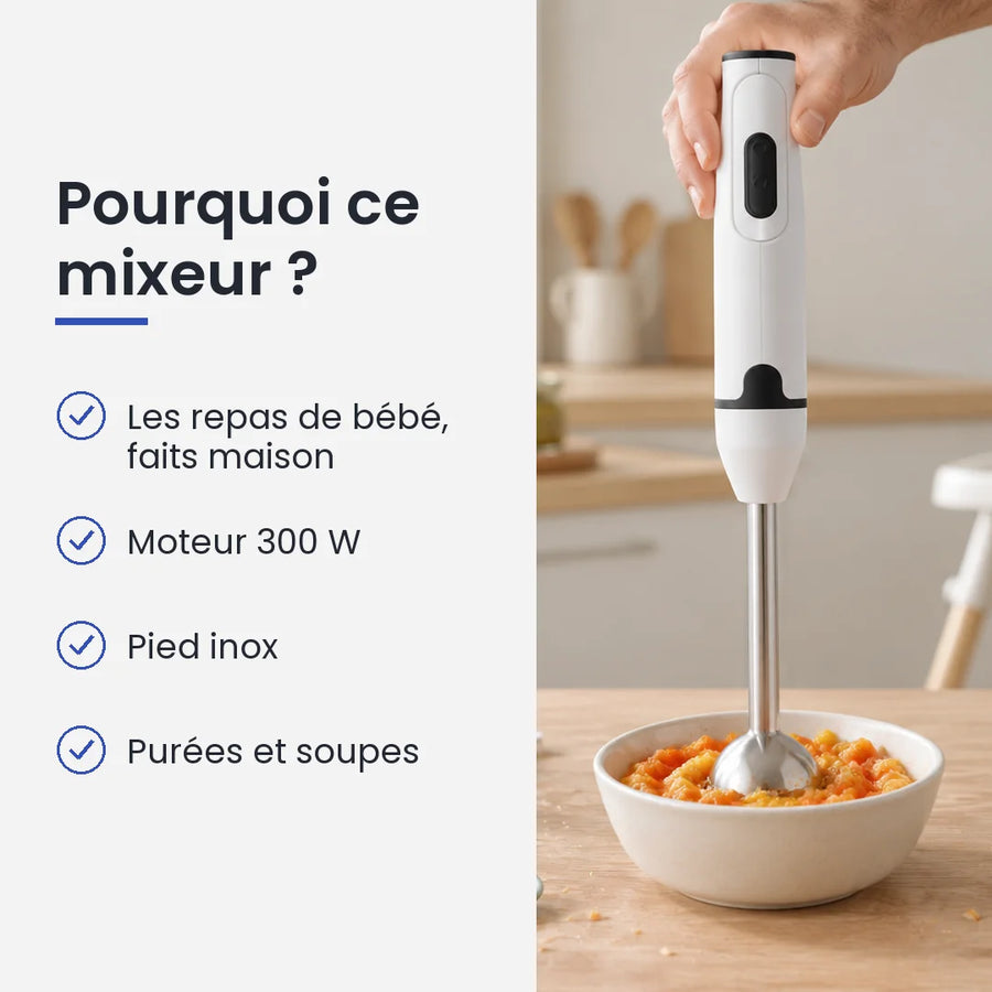 Pourquoi choisir ce mixeur : les repas de bébé, faits maison, moteur 300 W, pied inox, purées et soupes