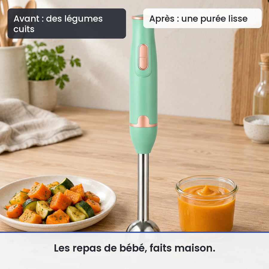 Avant/après avec le mixeur plongeant vert menthe 300 W : des légumes cuits, puis une purée lisse