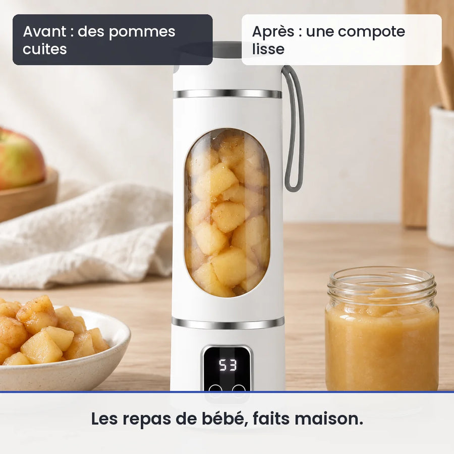 Avant/après avec le blender portable blanc 450 ml : des pommes cuites, puis une compote lisse