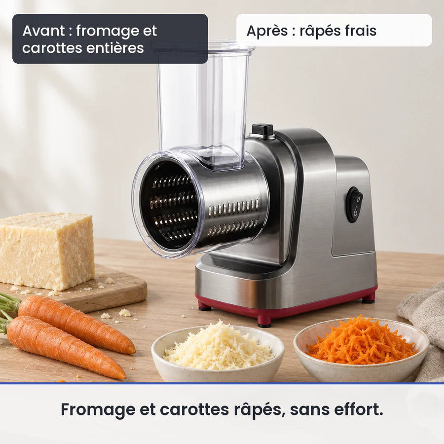 Avant/après avec le hachoir électrique 250W 5 en 1 : fromage et carottes entières, puis râpés frais