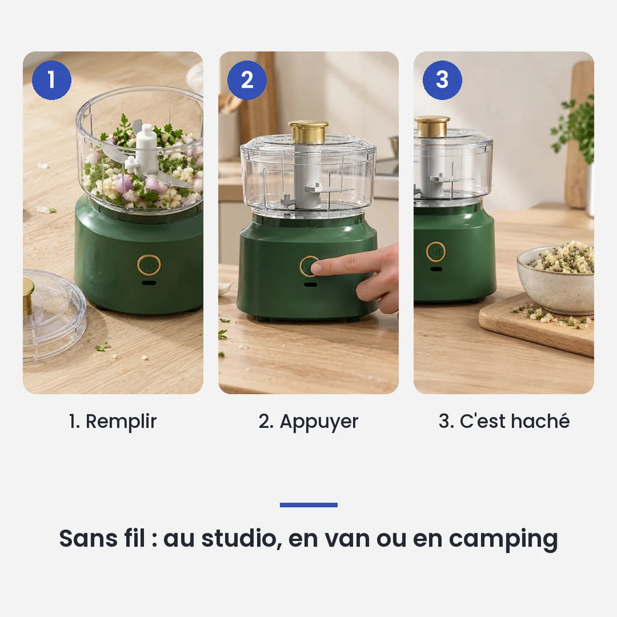 Comment utiliser le hachoir électrique 350 ml vert bol plastique USB en 3 étapes : remplir, appuyer, c'est haché