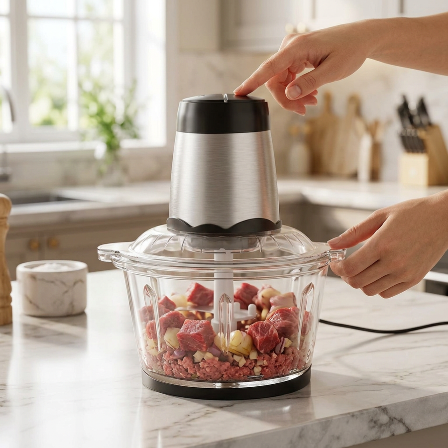 Hachoir électrique 2 vitesses, bol verre 2 L, en cours d'utilisation