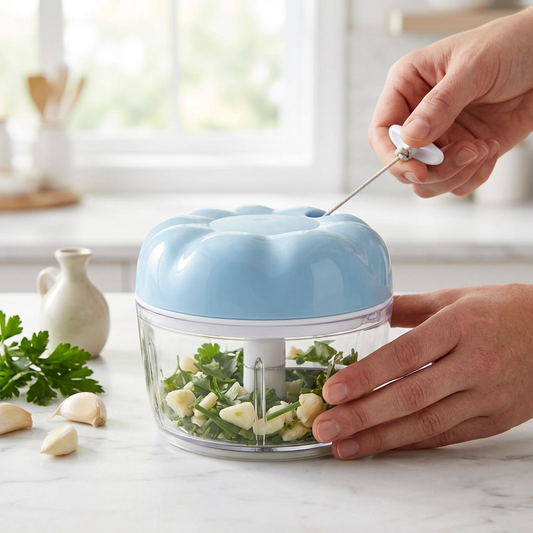 Hachoir à ficelle compact bleu pâle, en cours d'utilisation