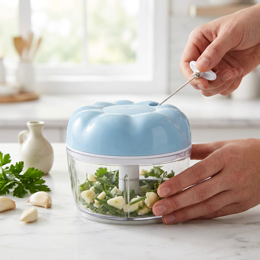 Hachoir à ficelle compact bleu pâle, en cours d'utilisation