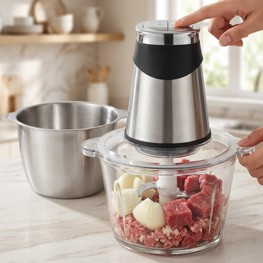 Hachoir électrique 2 bols, verre 1,8 L et inox 2 L, en cours d'utilisation