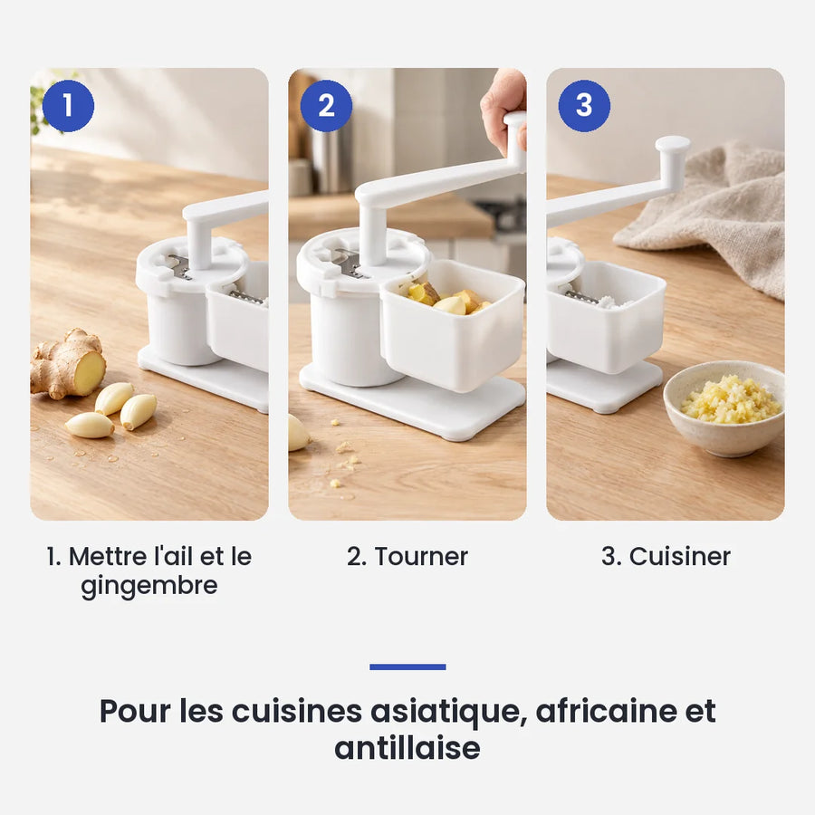 Comment utiliser le hachoir légume manuel rotatif en 3 étapes : mettre l'ail et le gingembre, tourner, cuisiner