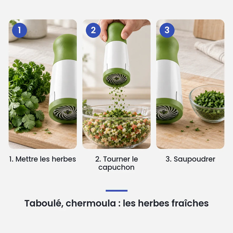 Comment utiliser le hachoir manuel en acier inoxydable en 3 étapes : mettre les herbes, tourner le capuchon, saupoudrer