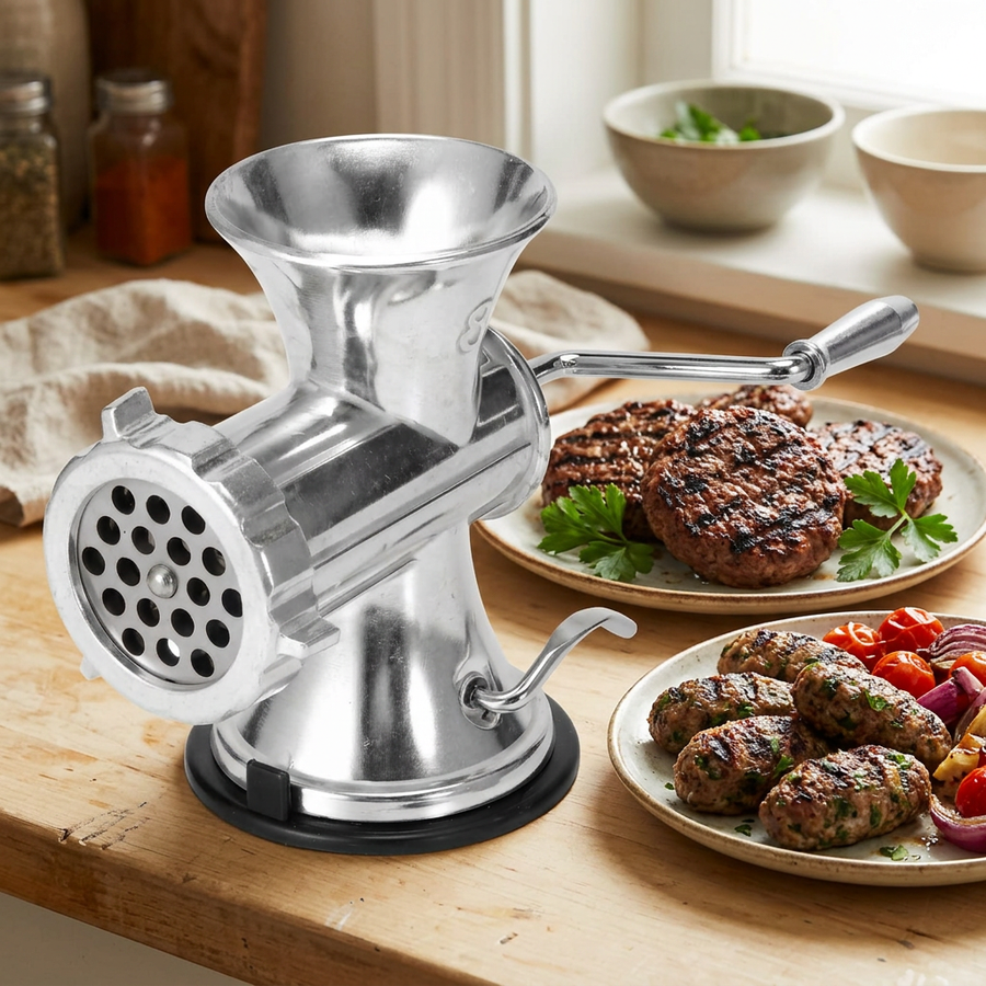Hachoir à viande manuel aluminium à ventouse, en situation dans la cuisine