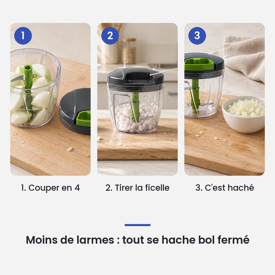 Comment utiliser le hachoir manuel à ficelle 1000 ml en 3 étapes : couper en 4, tirer la ficelle, c'est haché