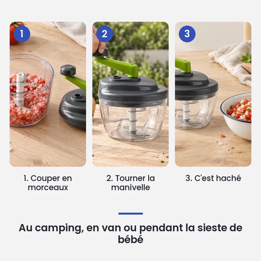 Comment utiliser le hachoir manuel à manivelle 520ml ail et légumes en 3 étapes : couper en morceaux, tourner la manivelle