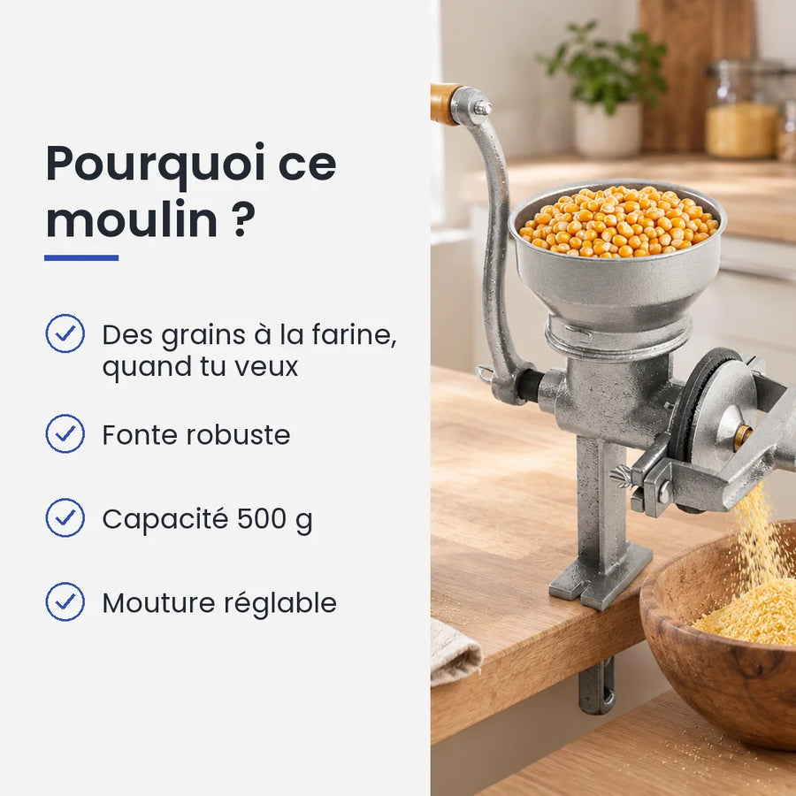 Pourquoi choisir ce moulin : des grains à la farine, quand tu veux, fonte robuste, capacité 500 g, mouture réglable