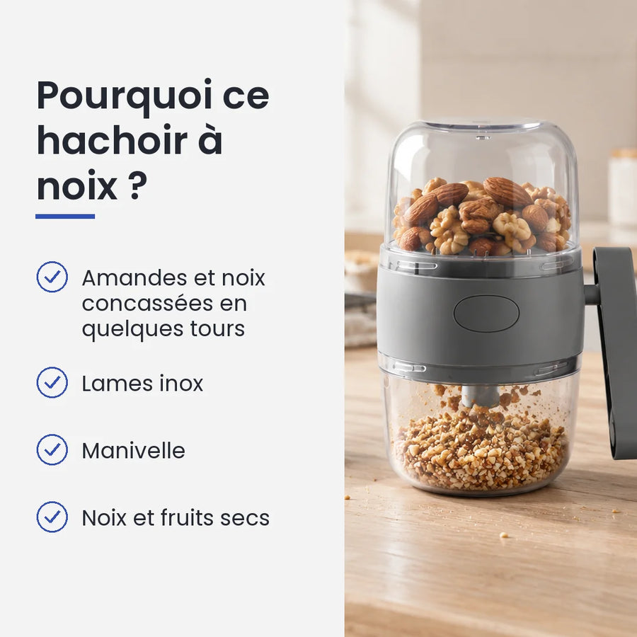 Pourquoi choisir ce hachoir à noix : amandes et noix concassées en quelques tours, lames inox, manivelle, noix et fruits secs