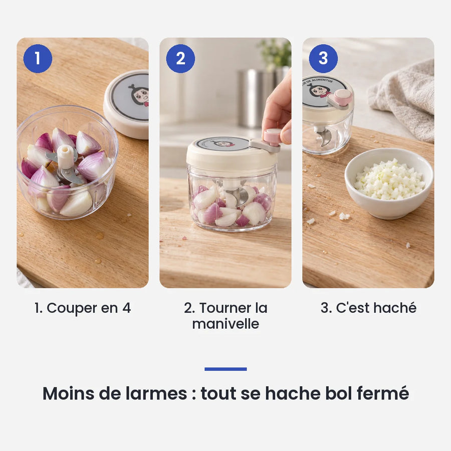 Comment utiliser le hachoir rotatif rose 200 ml en 3 étapes : couper en 4, tourner la manivelle, c'est haché