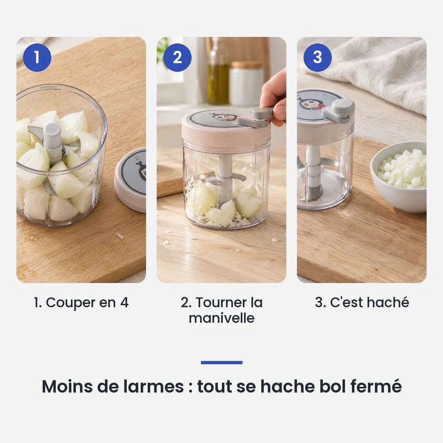 Comment utiliser le hachoir rotatif rose 400 ml en 3 étapes : couper en 4, tourner la manivelle, c'est haché