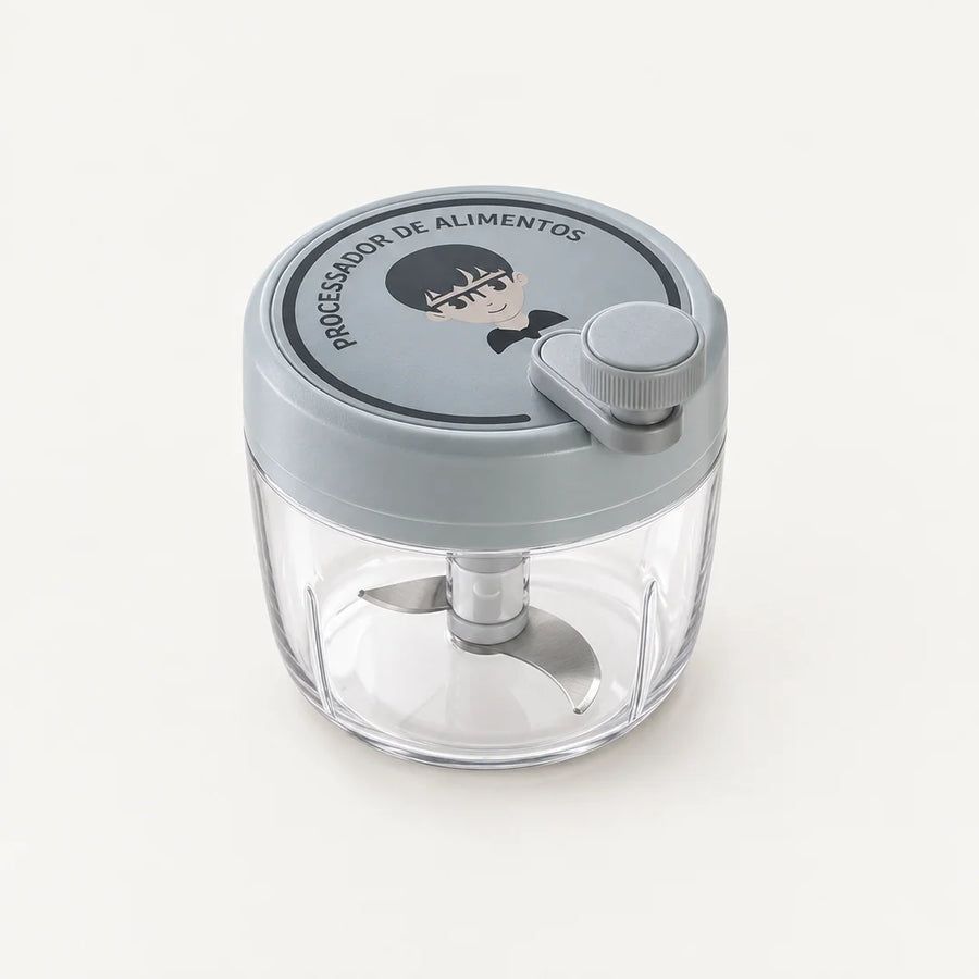 Hachoir manuel rotatif 200 ml à couvercle gris bleuté, petite manivelle grise et bol transparent, sur fond clair