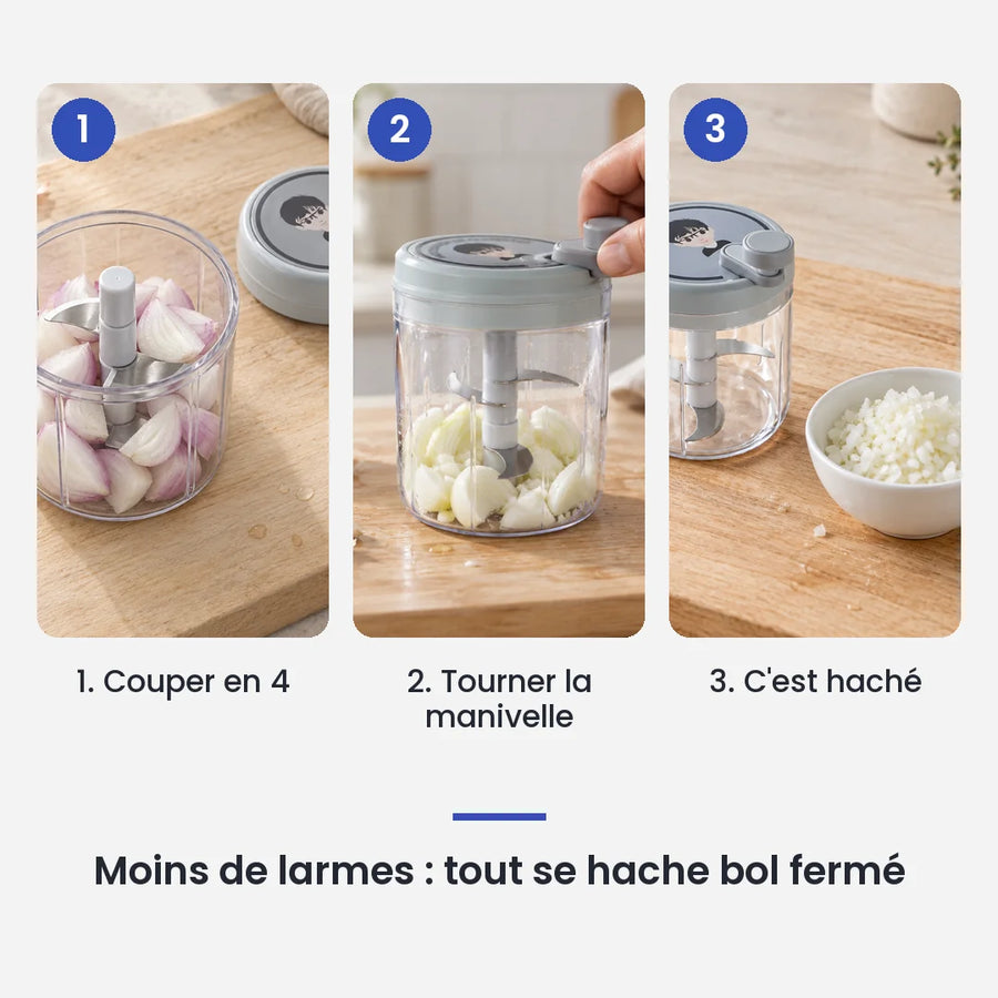 Comment utiliser le hachoir rotatif vert 400 ml en 3 étapes : couper en 4, tourner la manivelle, c'est haché
