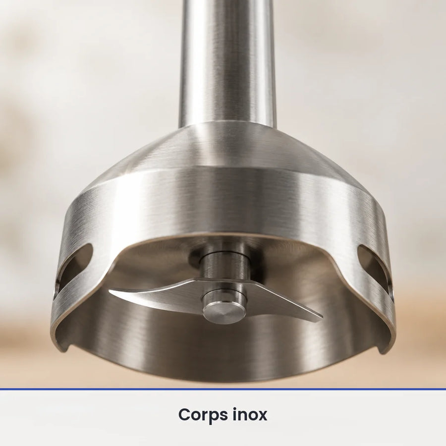 Gros plan sur le couteau inox sous la cloche du pied du mixeur plongeant ROUNY 4 en 1 de 1000 W