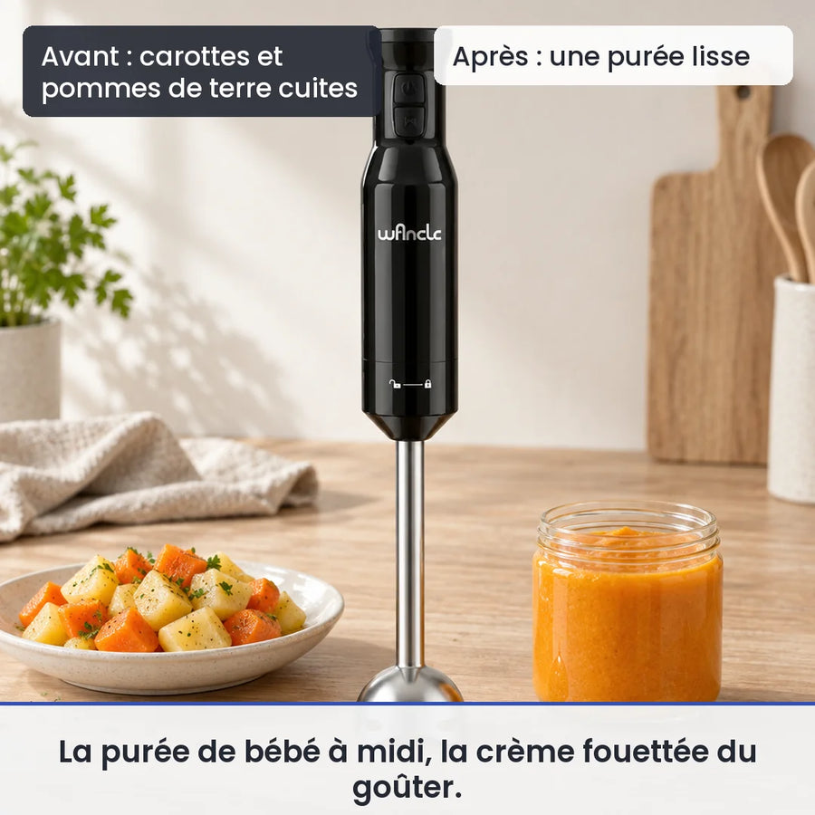 Avant/après avec ce mixeur plongeant : carottes et pommes de terre cuites, puis une purée lisse