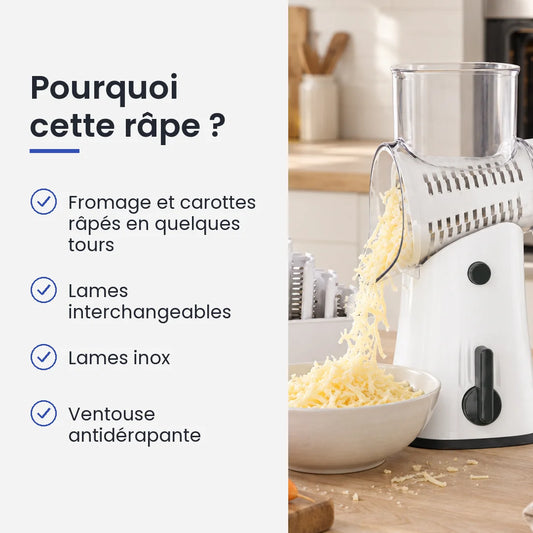Pourquoi choisir cette râpe : fromage et carottes râpés en quelques tours, lames interchangeables, lames inox