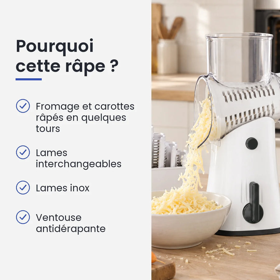 Pourquoi choisir cette râpe : fromage et carottes râpés en quelques tours, lames interchangeables, lames inox