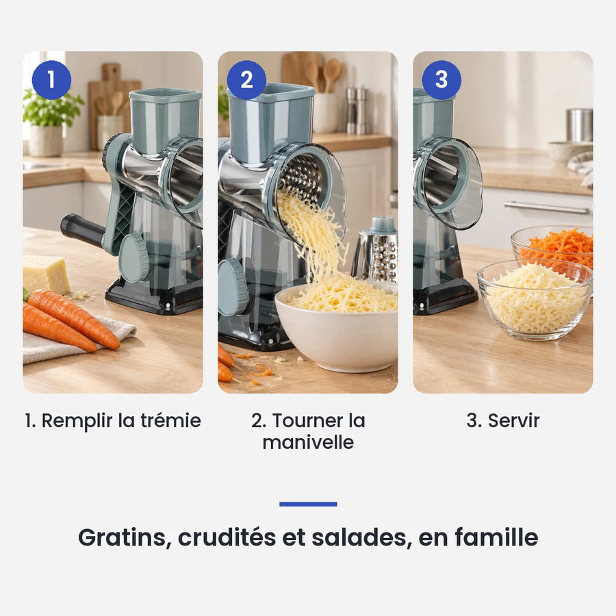 Comment utiliser le hachoir légume rotatif 3 en 1 bleu à manivelle en 3 étapes : remplir la trémie, tourner la manivelle