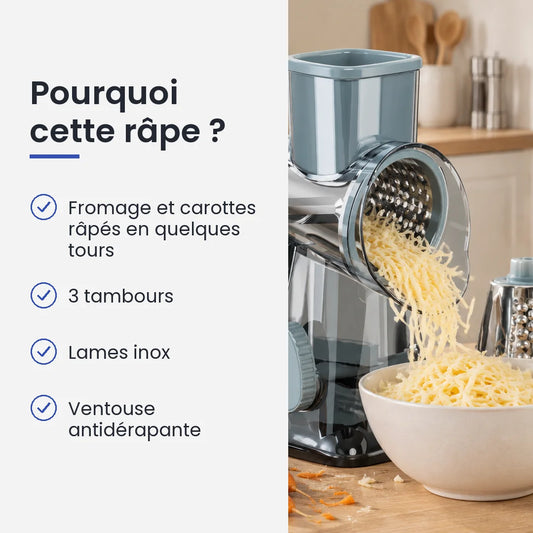 Pourquoi choisir cette râpe : fromage et carottes râpés en quelques tours, 3 tambours, lames inox, ventouse antidérapante