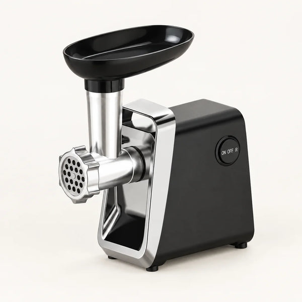 Hachoir à viande électrique 750W noir et inox avec plateau d'alimentation noir, vu en plongée sur fond blanc cassé
