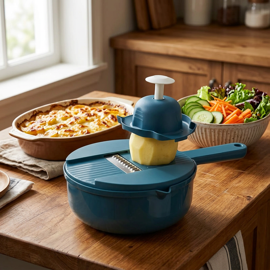 Mandoline coupe-légumes 9 en 1 avec bol, en situation dans la cuisine