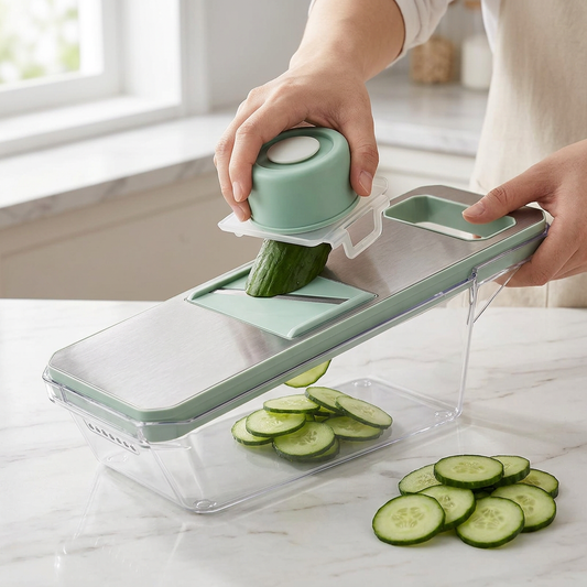 Mandoline 6 en 1 à lames interchangeables, en cours d'utilisation