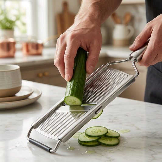 Mandoline râpe inox à plaques amovibles, en cours d'utilisation