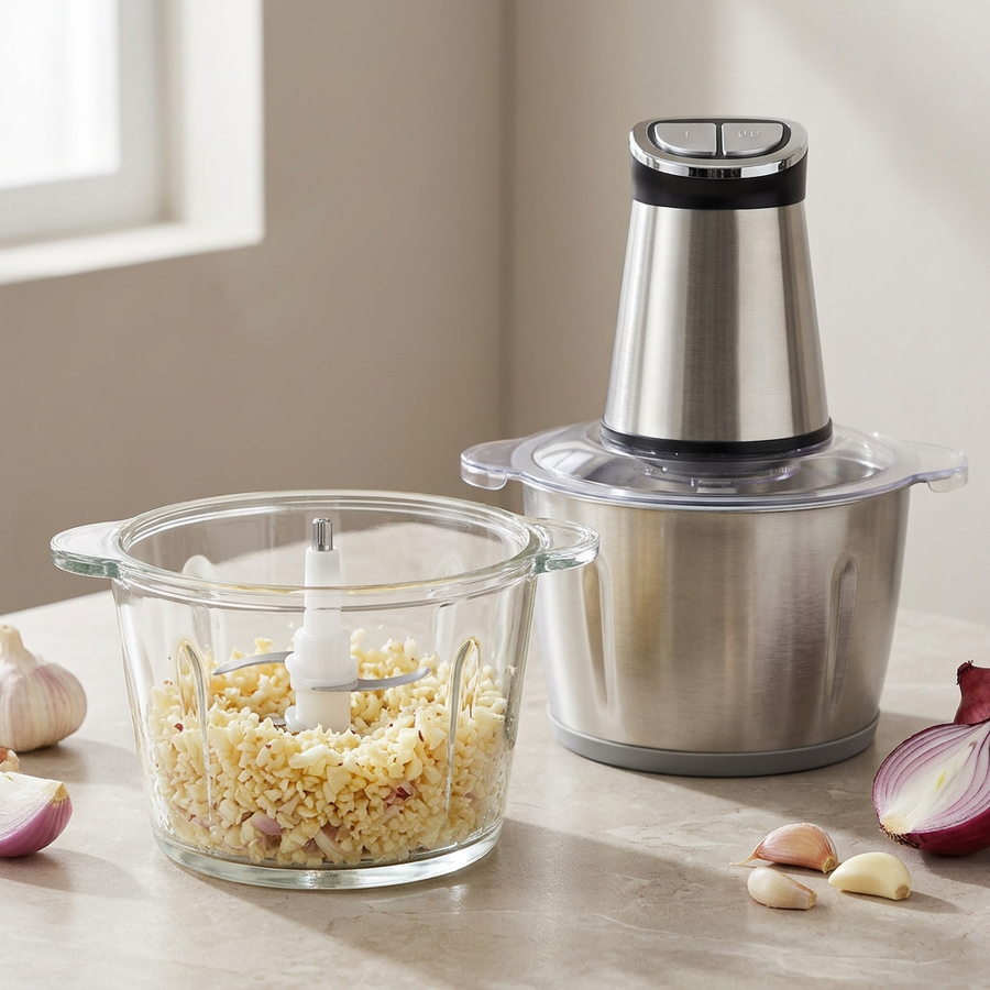 Mini hachoir électrique 300 W, bols inox et verre, résultat obtenu