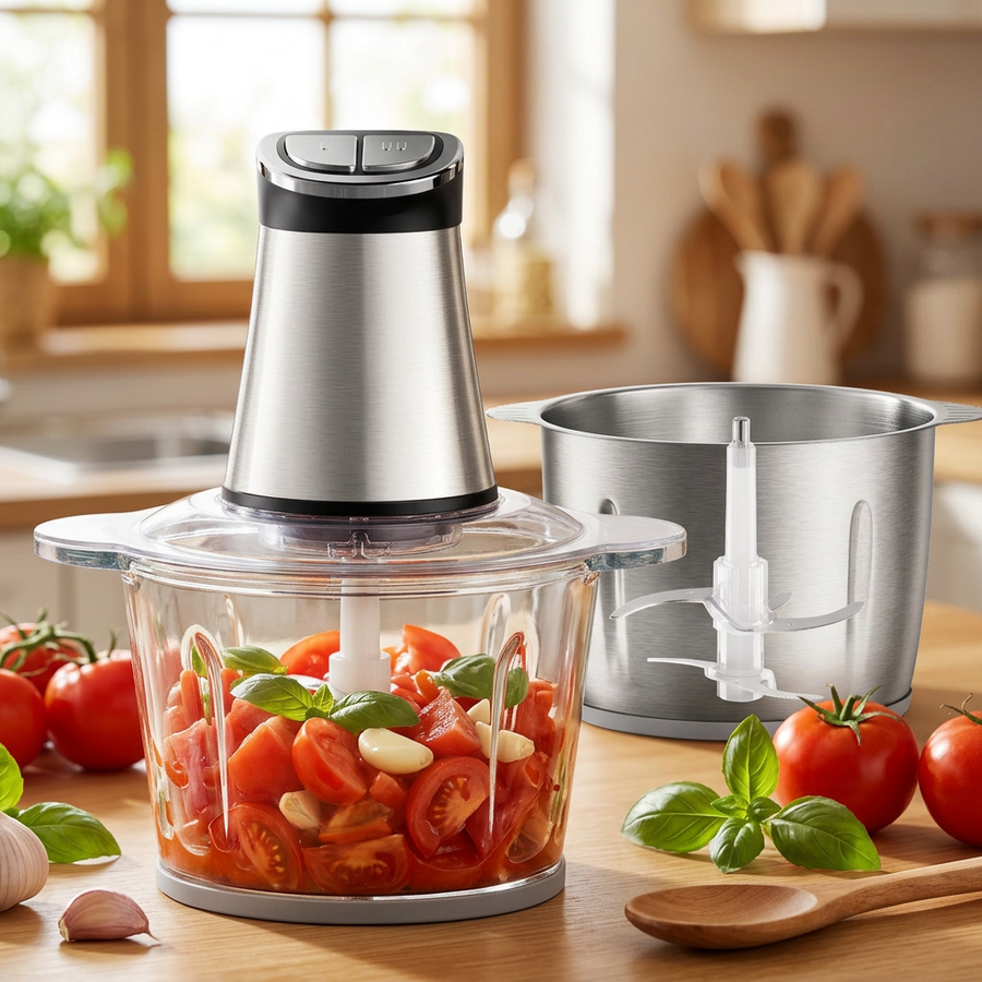 Mini hachoir électrique 300 W, bols inox et verre, en situation dans la cuisine