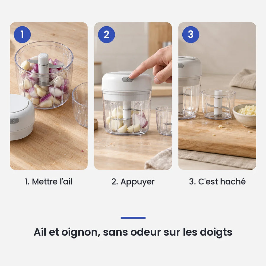 Comment utiliser le mini hachoir électrique blanc 30W 100 + 250 ml en 3 étapes : mettre l'ail, appuyer, c'est haché