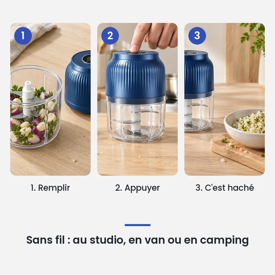 Comment utiliser le mini hachoir électrique USB 250 ml bleu foncé – ail en 3 étapes : remplir, appuyer, c'est haché