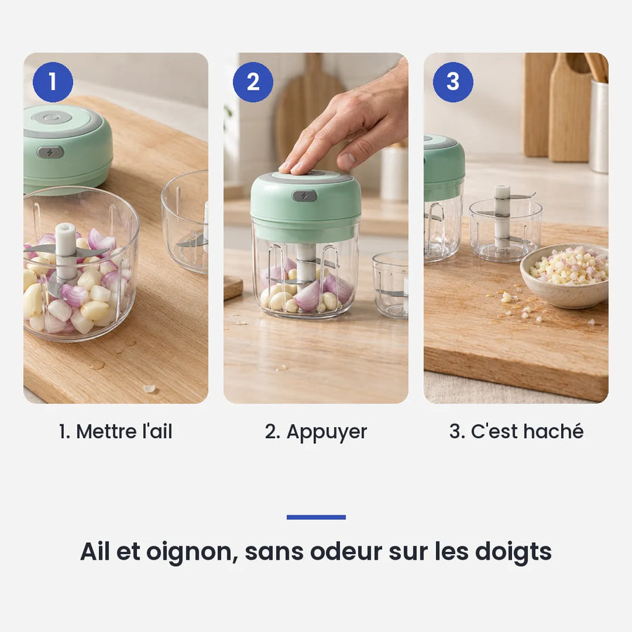 Comment utiliser le mini hachoir électrique vert 30W 100ml + 250 ml en 3 étapes : mettre l'ail, appuyer, c'est haché