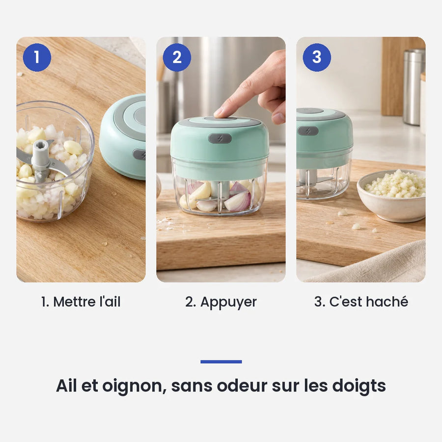 Comment utiliser le mini hachoir électrique vert 30W 100 ml plastique en 3 étapes : mettre l'ail, appuyer, c'est haché