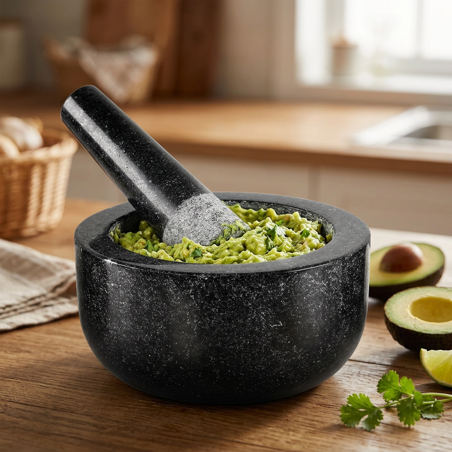 Mortier et pilon en granit massif 16 cm noir, en situation dans la cuisine