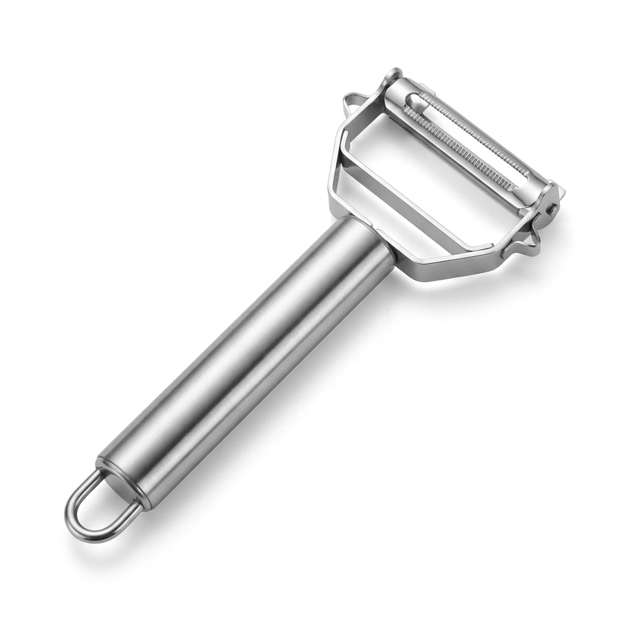 Éplucheur-julienne inox 4 en 1, vue produit sur fond blanc