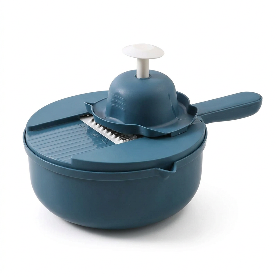 Mandoline coupe-légumes 9 en 1 avec bol, vue produit sur fond blanc