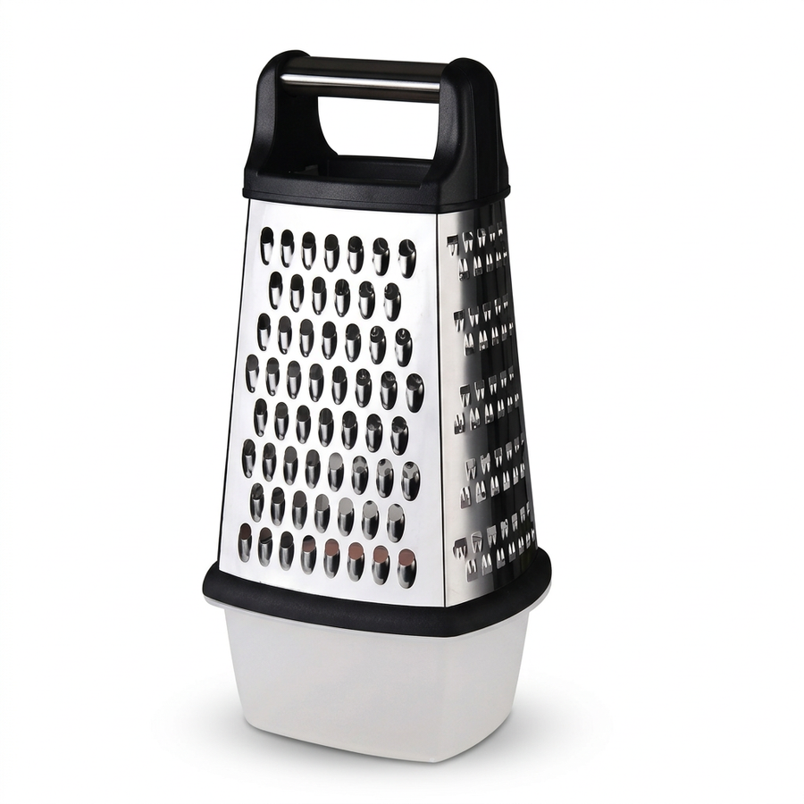 Râpe inox 4 faces avec boîte de récupération, vue produit sur fond blanc