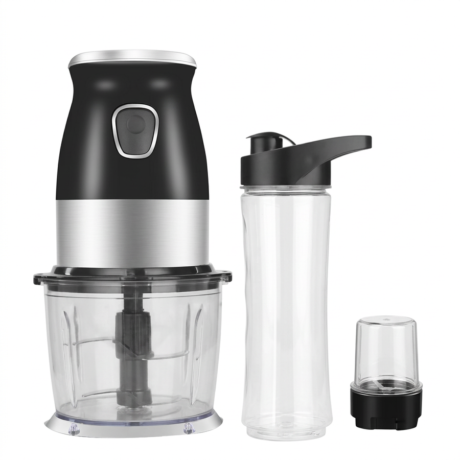 Hachoir blender 500 W avec gourde 600 ml, vue produit sur fond blanc
